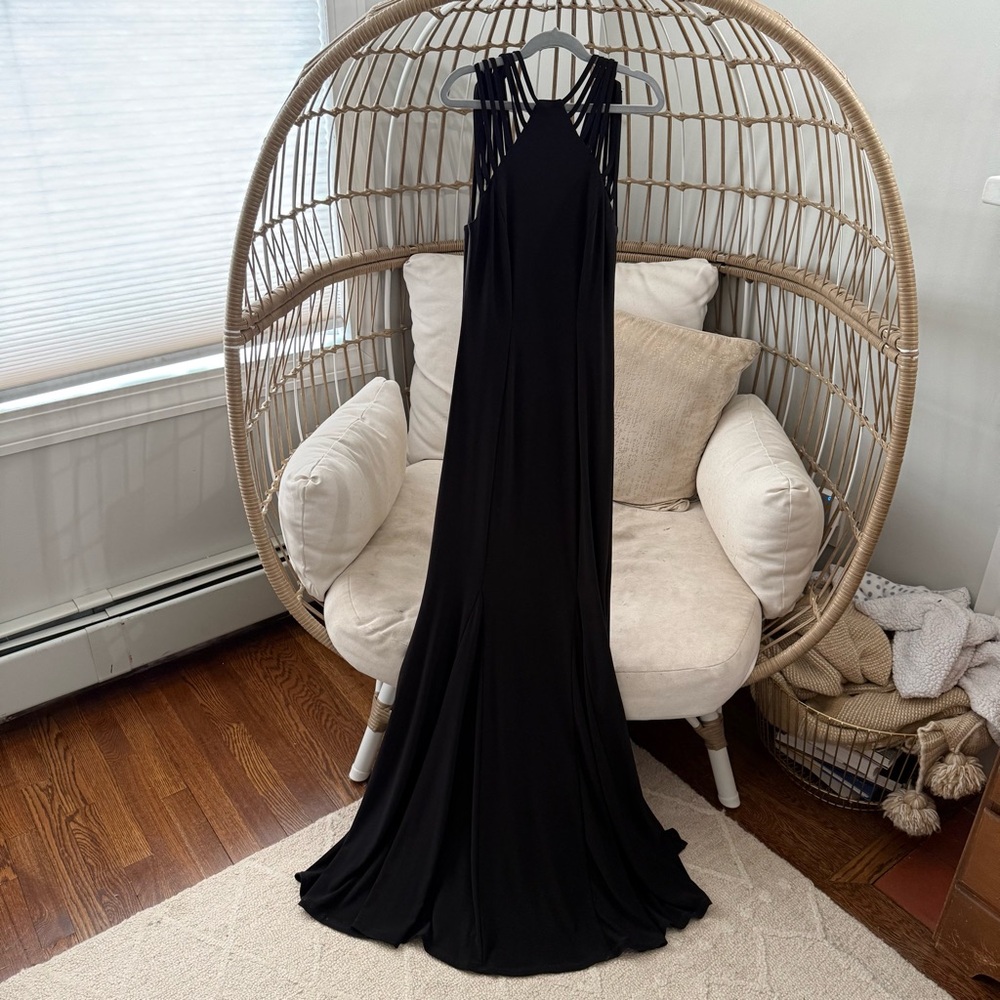Vintage 90s B Darlin Black Formal Gown Strappy Back Maxi Dress 1/2‎